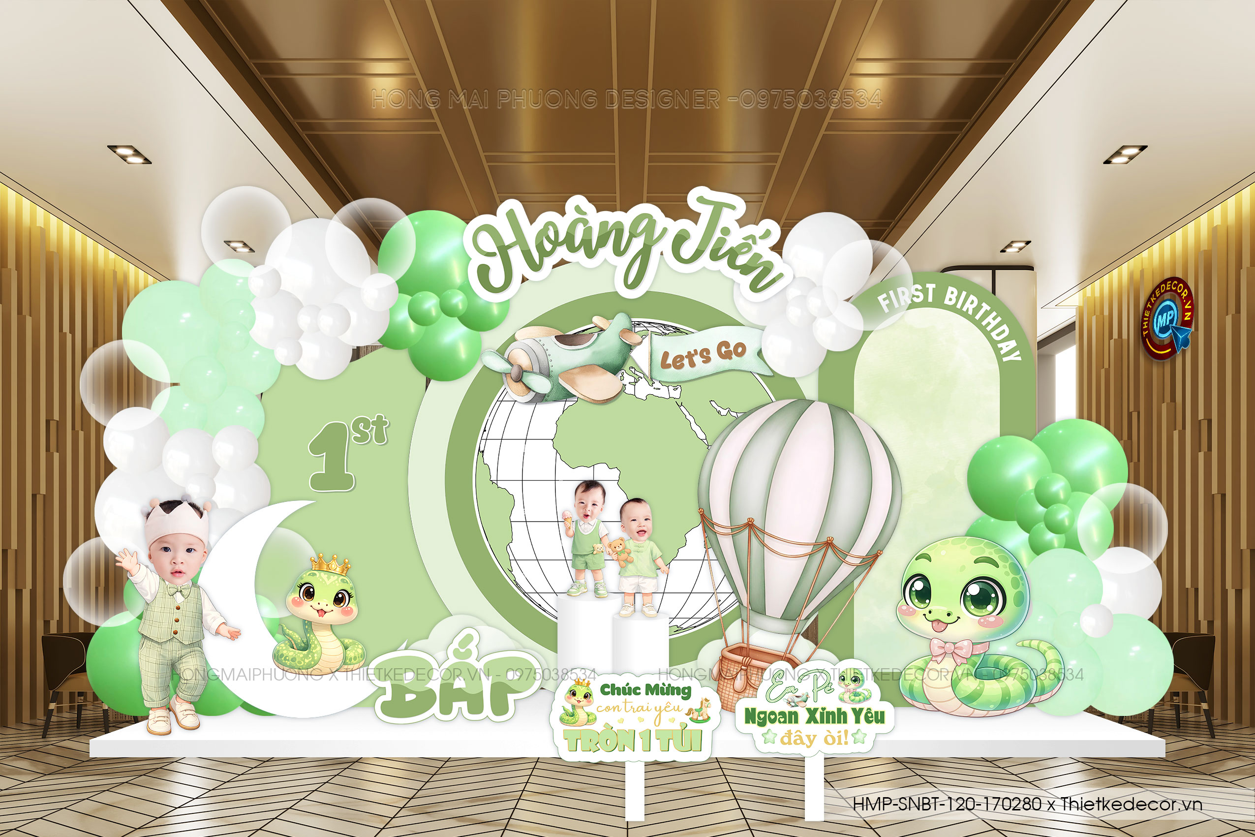 File thiết kế trang trí decor sinh nhật- thôi nôi bé trai đáng yêu cute tone xanh lá